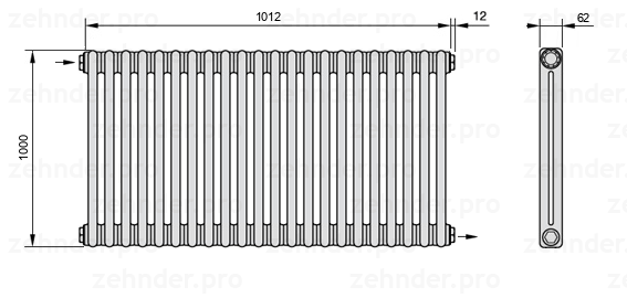 Схема (чертеж) Радиатор Zehnder Charleston 2100/22 №1670 Белый глянцевый RAL 9016